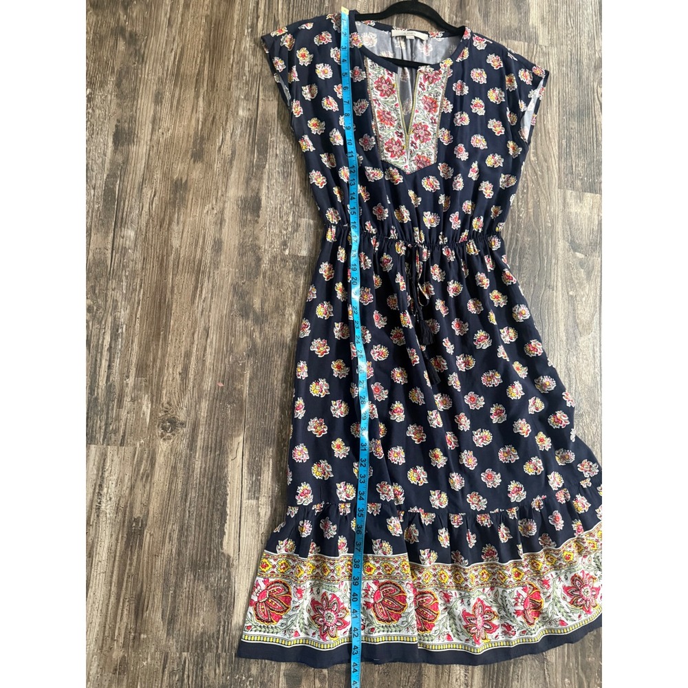LOFT Womens Navy Blue Floral Boho Midi Dress Cap Sleeve Tassel Waist Small - Picture 10 of 11